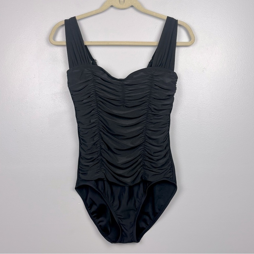 Aqua Green black modest ruched 1 piece swimsuit, size medium.
